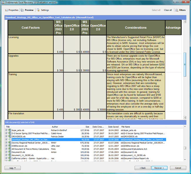 DiskInternals Excel Recovery screen shot