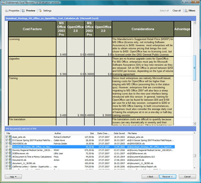 Excel Recovery main window