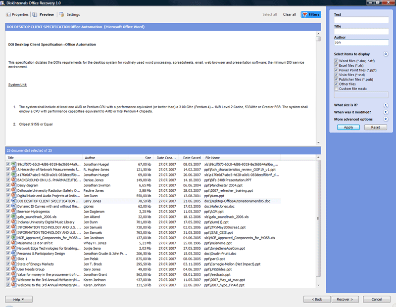 Office Recovery main window