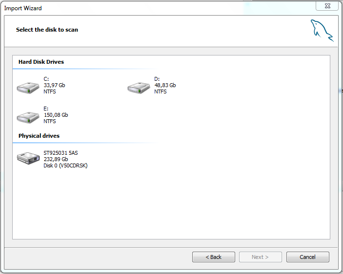 MySQL Recovery select disk to scan