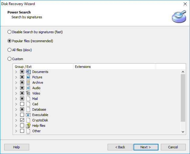 Select file type in Disk Recovery Wizard