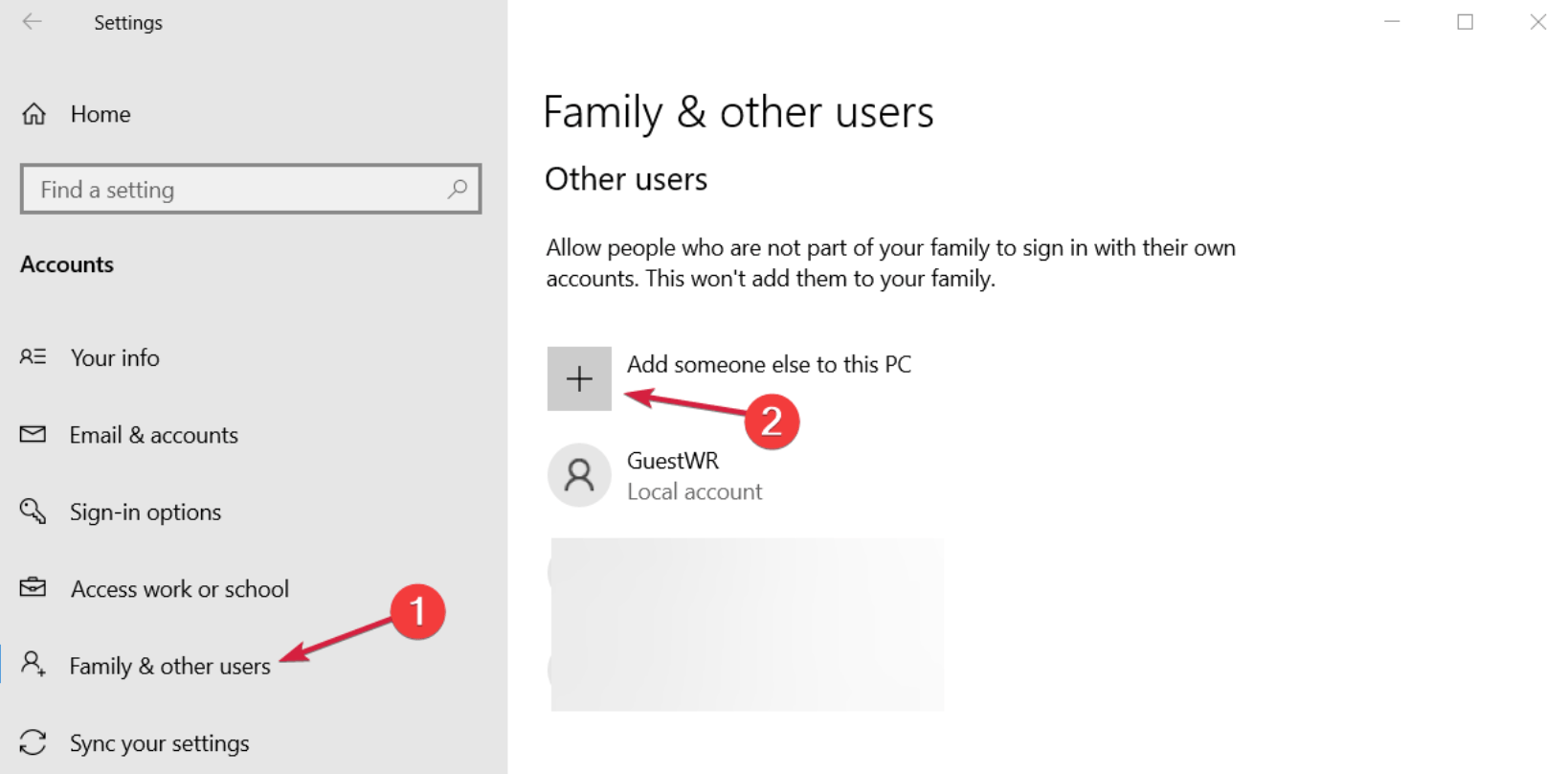 Click Add Someone Else to This PC after choosing Family & Other People in the left pane