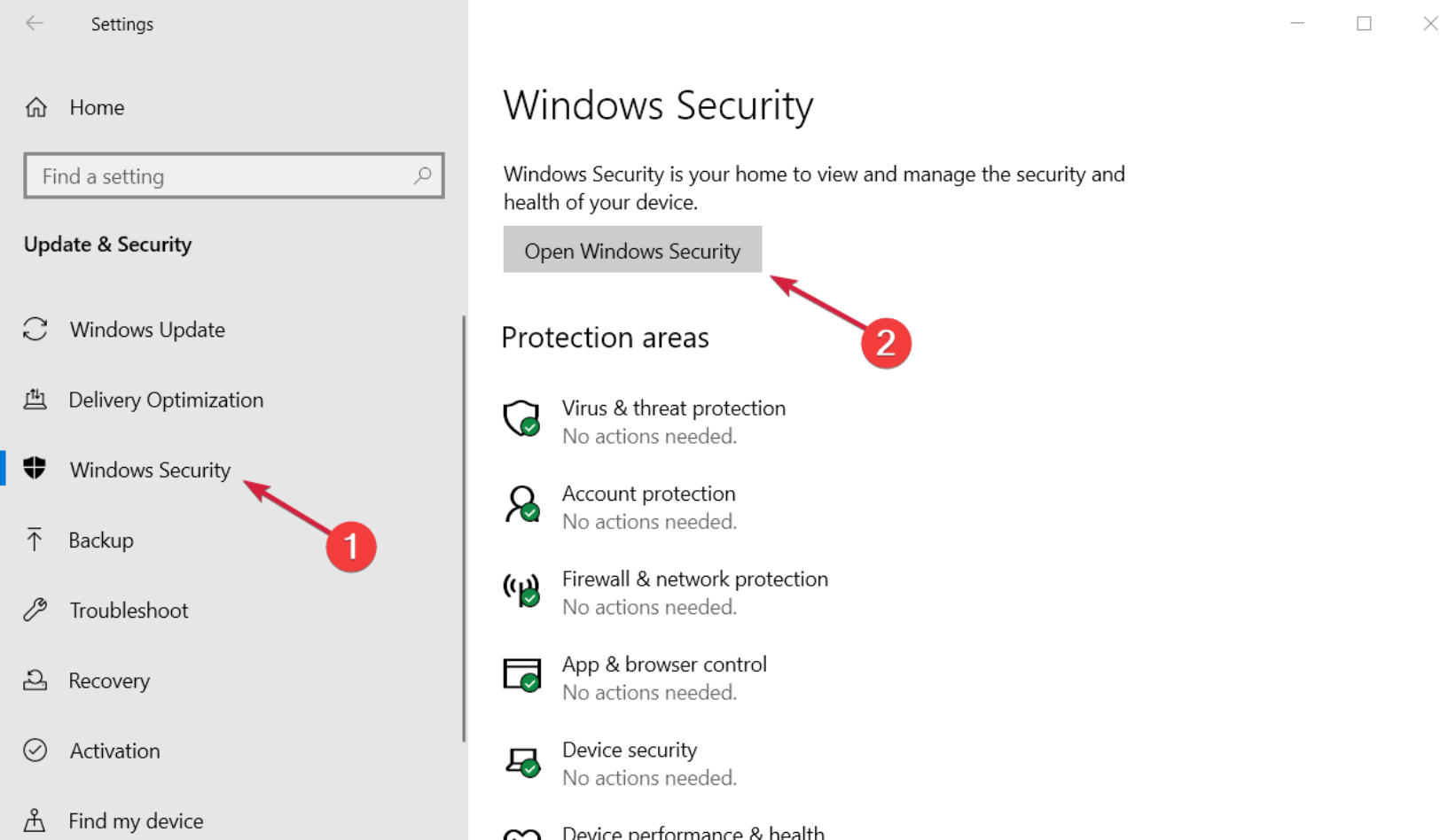 Open Windows Security in the right panel